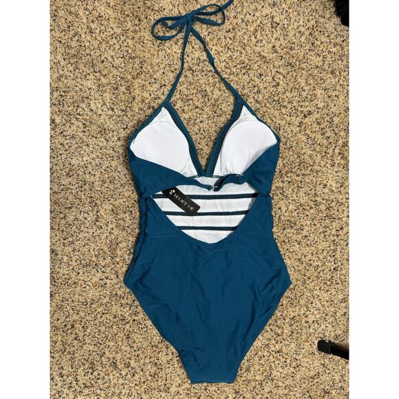 Tempt Me Womens Teal Blue Deep V Halter One-Piece Swimsuit Lace Cutout Detail M - Picture 3 of 9